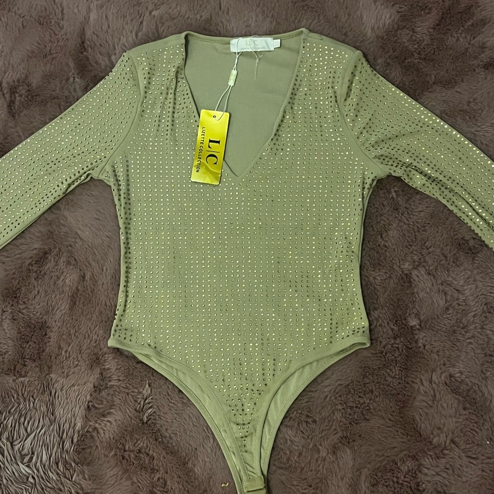 Tan Bodysuit w/ Rhinestones. Never worn size L